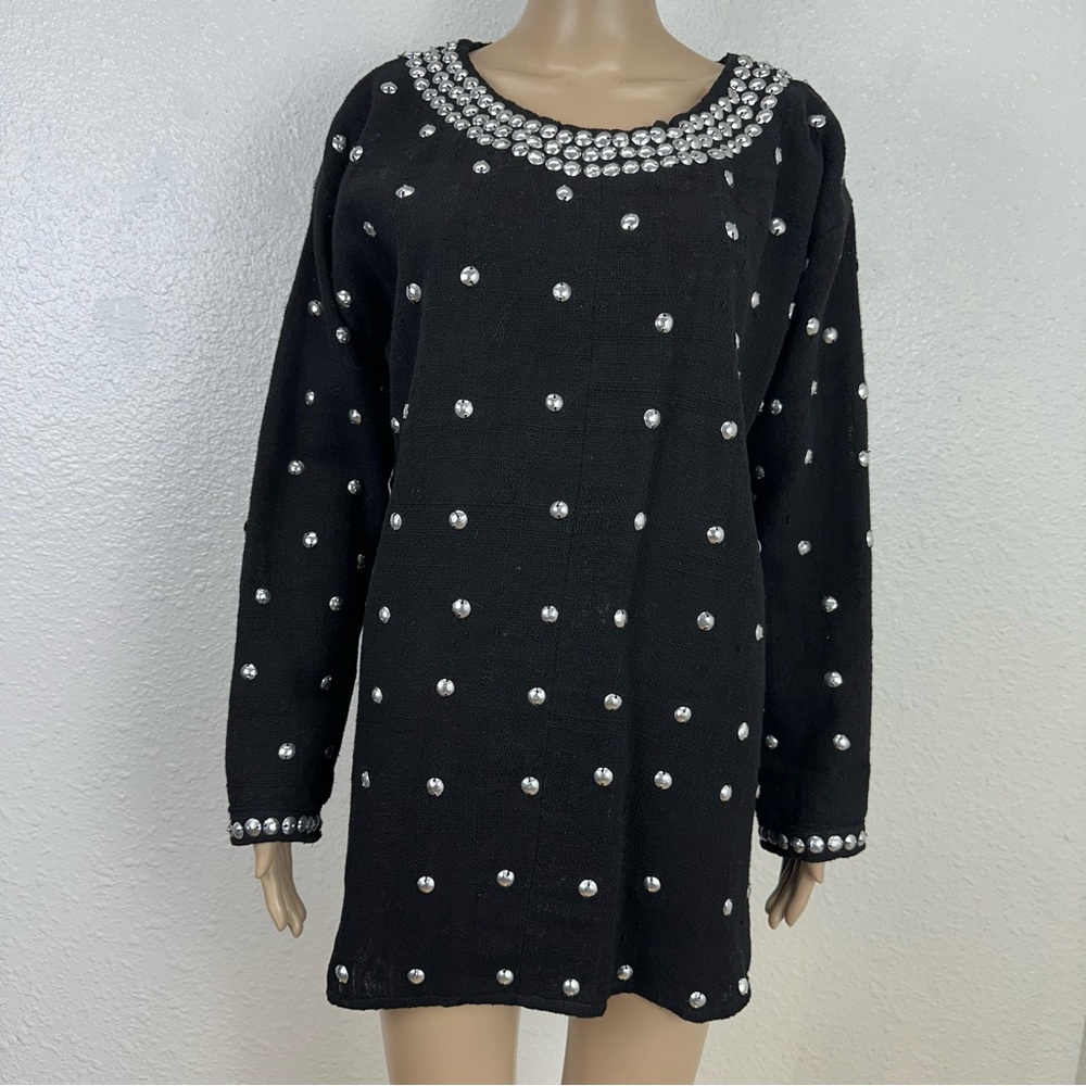 Vtg 80’s Laise Adzer  Tunic Blouse Black With Aluminum  Studs All over S